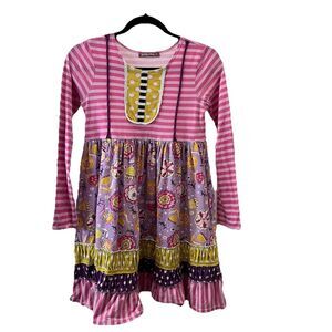 Jelly the Pug Pink Purple Yellow Striped Floral Paisley Ruffle Dress Girls 14